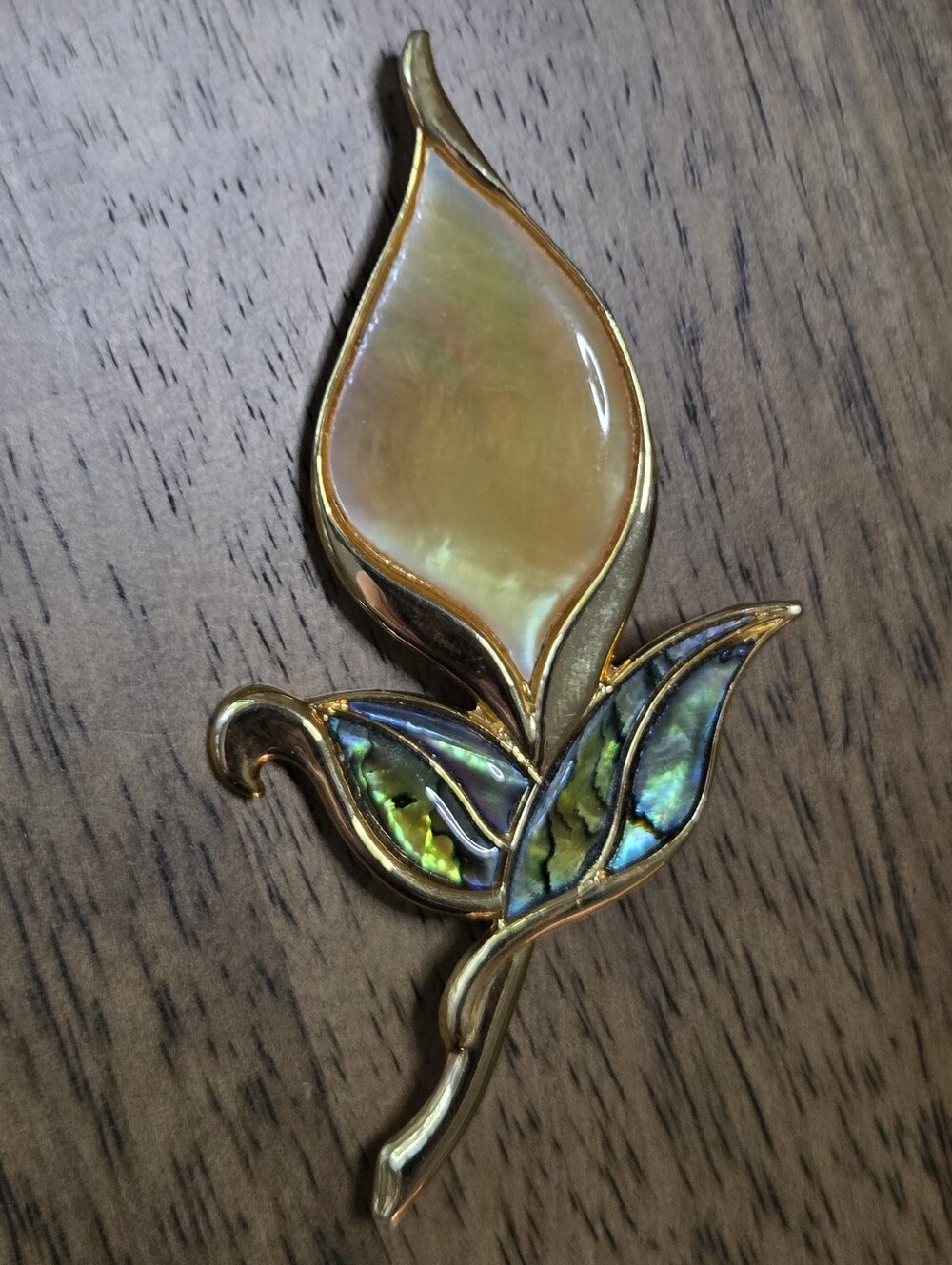 Large Vintage Duri Stamped Abalone Floral Brooch with Iridescent Cream Petal
